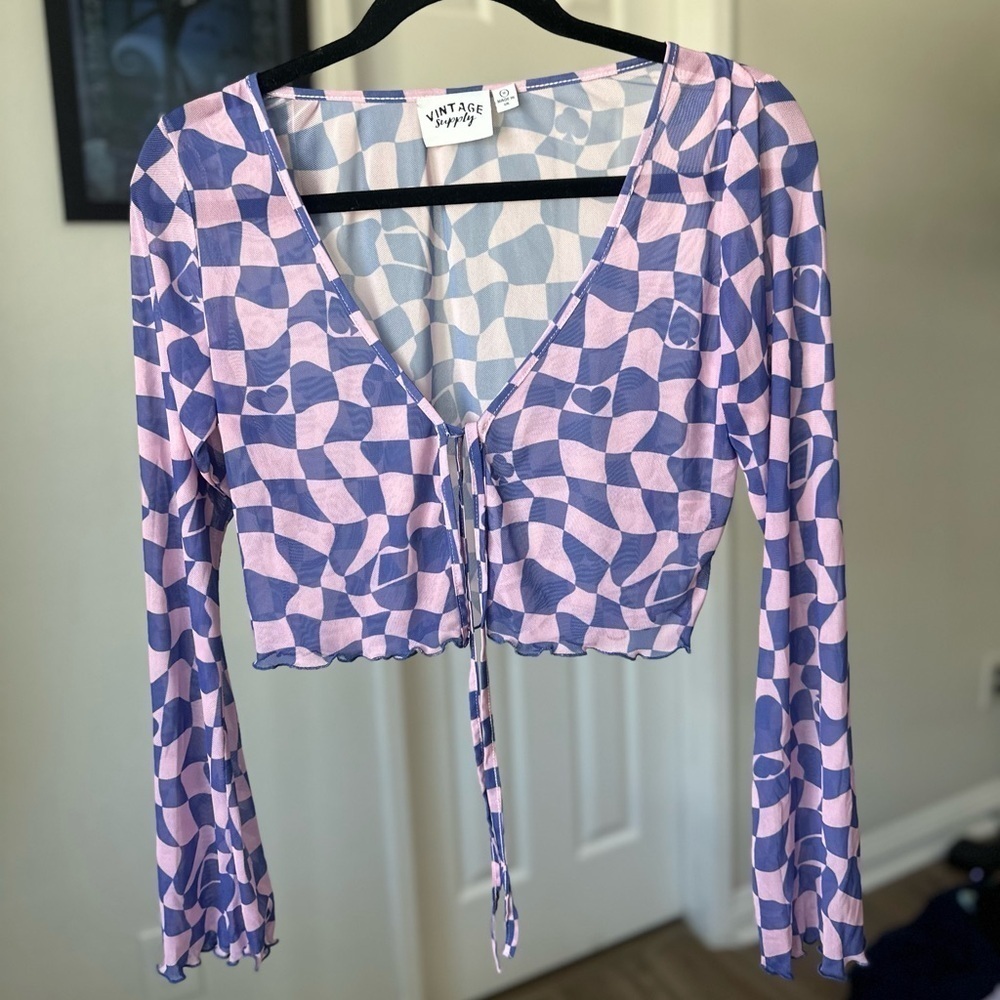 Vintage Supply tie front mesh‎ crop top in trippy checkerboard